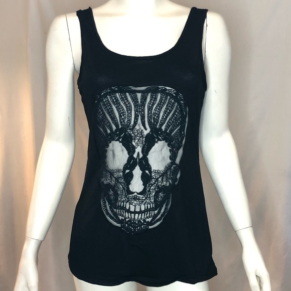 Tops - Woman’s black tank top with lace see through skull cut out size medium